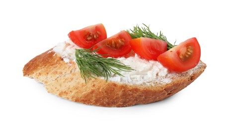 Photo of Delicious bruschetta with fresh ricotta (cream cheese), tomato and dill isolated on white