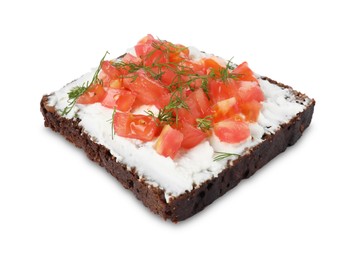 Photo of Delicious bruschetta with fresh ricotta (cream cheese), tomato and dill isolated on white