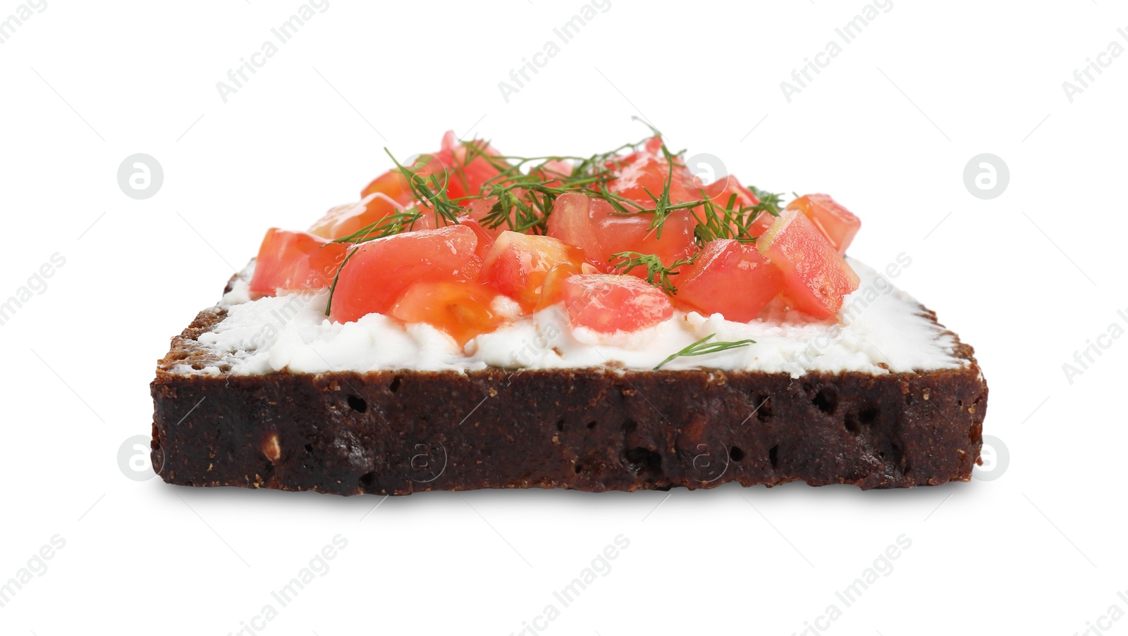 Photo of Delicious bruschetta with fresh ricotta (cream cheese), tomato and dill isolated on white