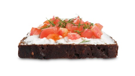 Delicious bruschetta with fresh ricotta (cream cheese), tomato and dill isolated on white