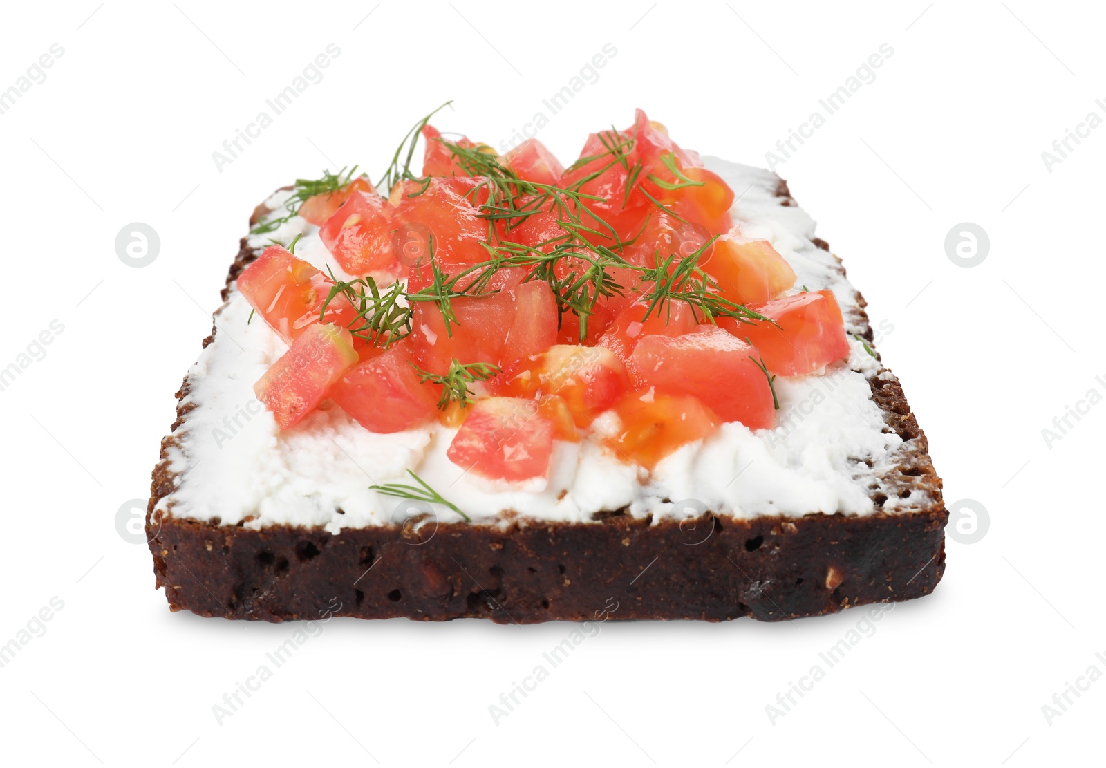 Photo of Delicious bruschetta with fresh ricotta (cream cheese), tomato and dill isolated on white