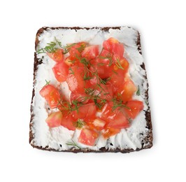 Delicious bruschetta with fresh ricotta (cream cheese), tomato and dill isolated on white, top view