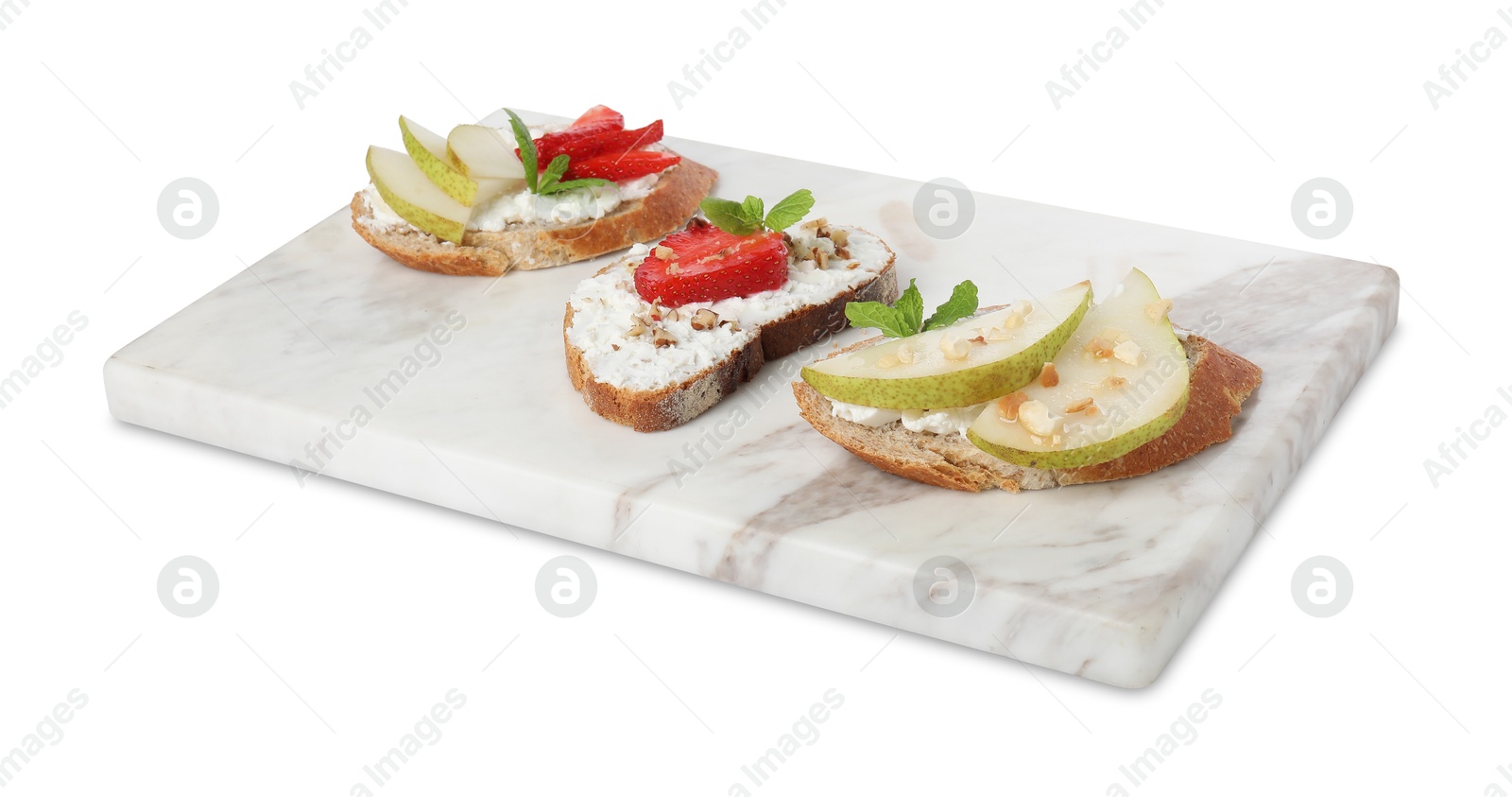 Photo of Delicious bruschettas with fresh ricotta (cream cheese), strawberry, mint and pear isolated on white