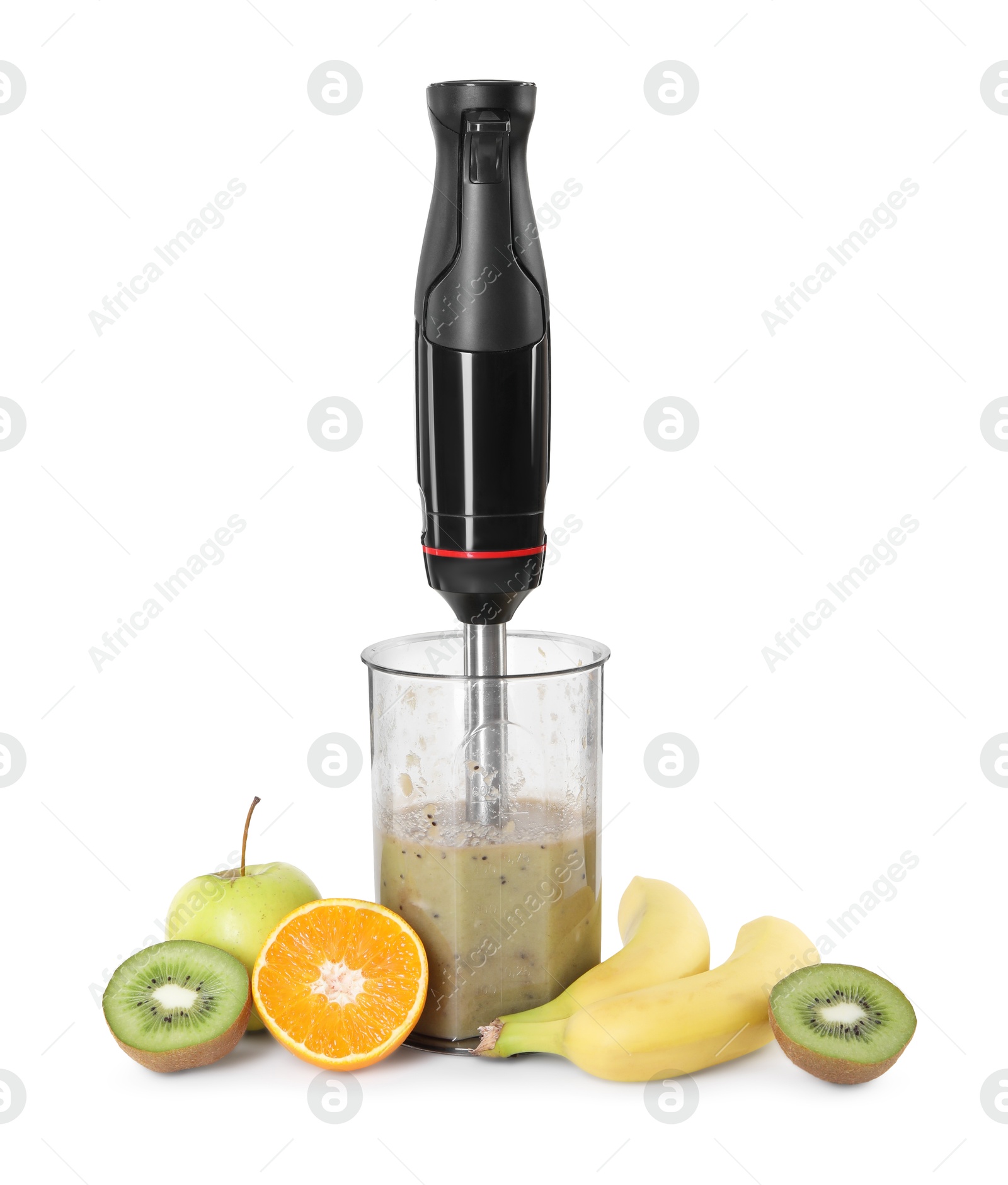 Photo of Hand blender with mixture of ingredients and fresh fruits isolated on white