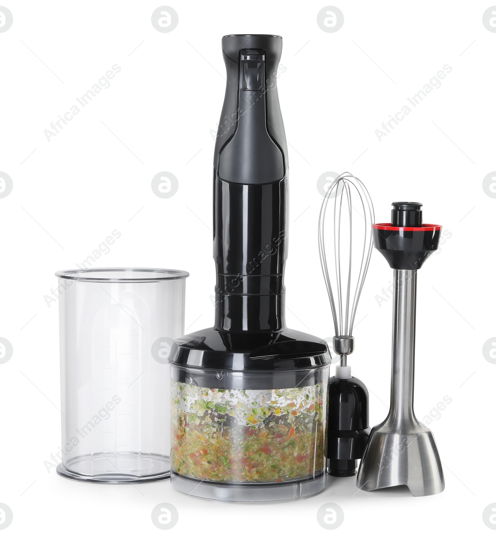 Photo of Hand blender kit and mixture of ingredients isolated on white