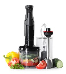 Photo of Hand blender kit, fresh vegetables and parsley isolated on white