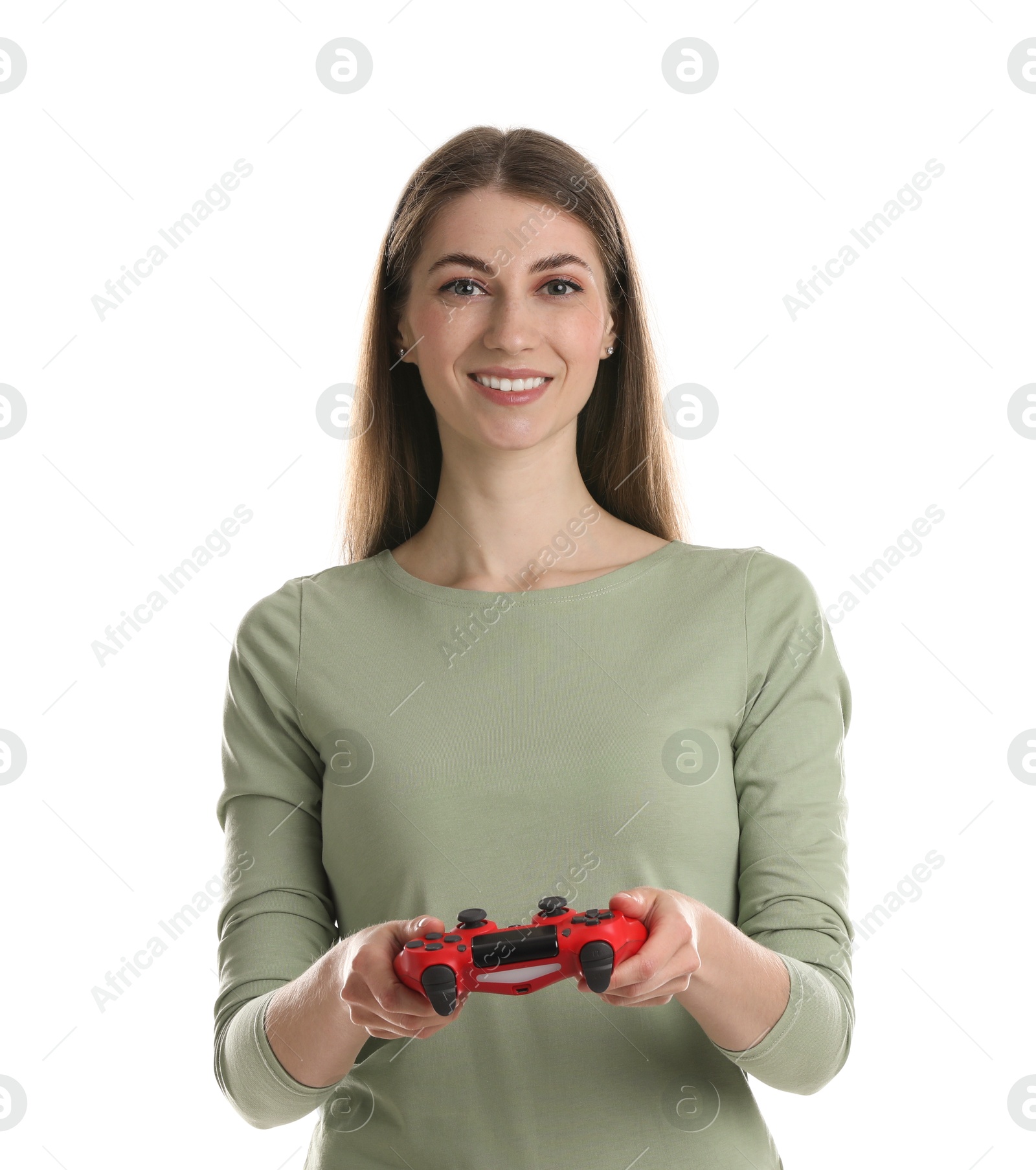 Photo of Happy woman with controller on white background