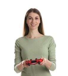 Happy woman with controller on white background