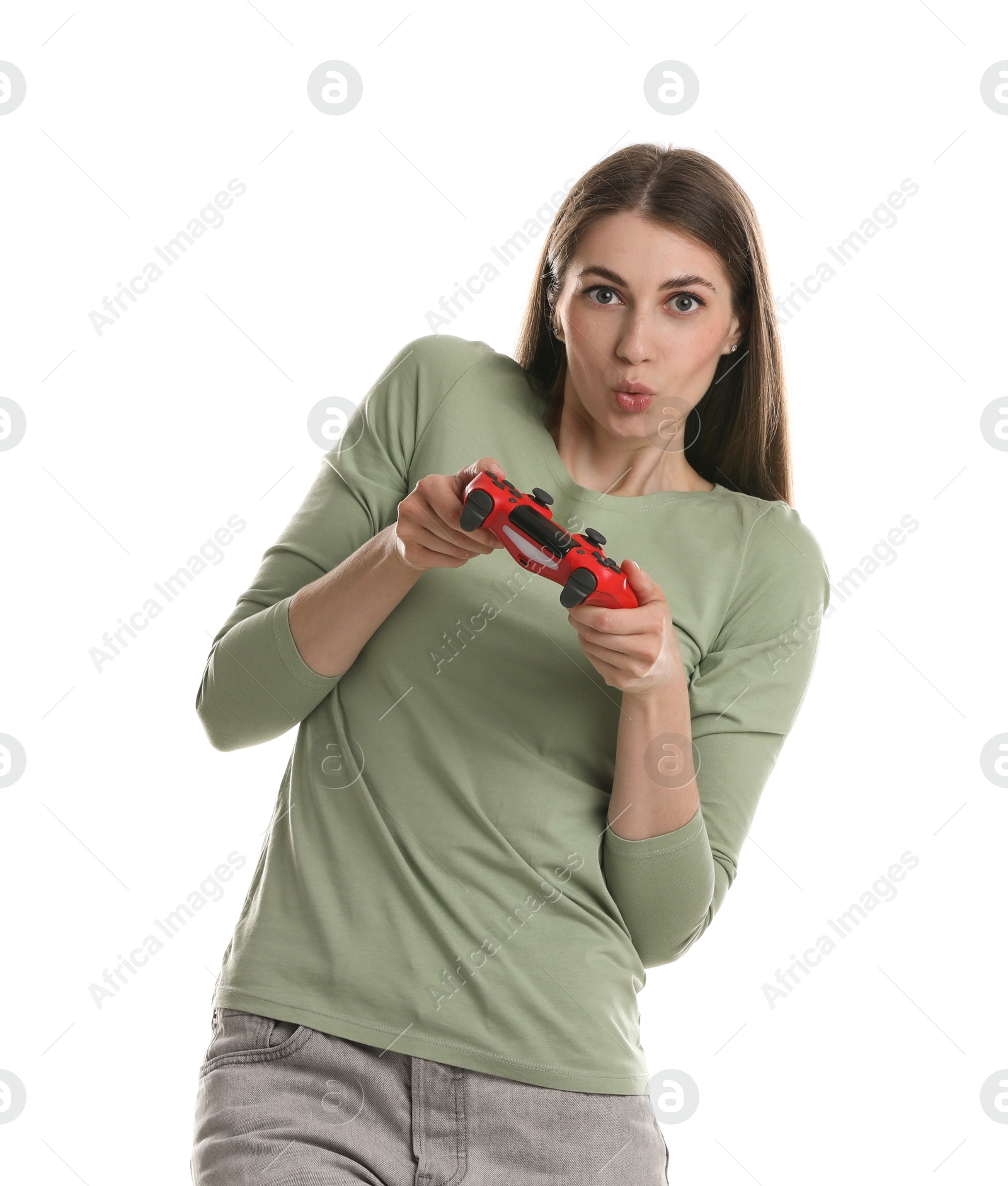 Photo of Surprised woman playing video games with controller on white background