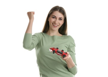 Photo of Happy woman with controller on white background