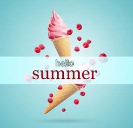 Hello Summer. Tasty ice cream in crispy cones and raspberries in air on light blue background