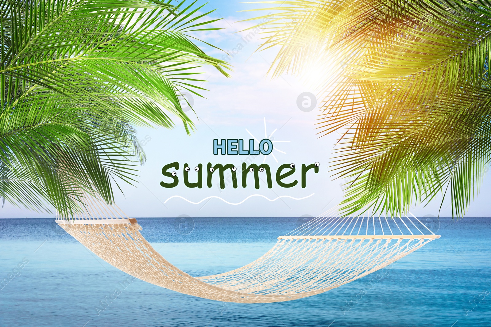 Image of Hello Summer text and hammock between tropical palms on ocean coast