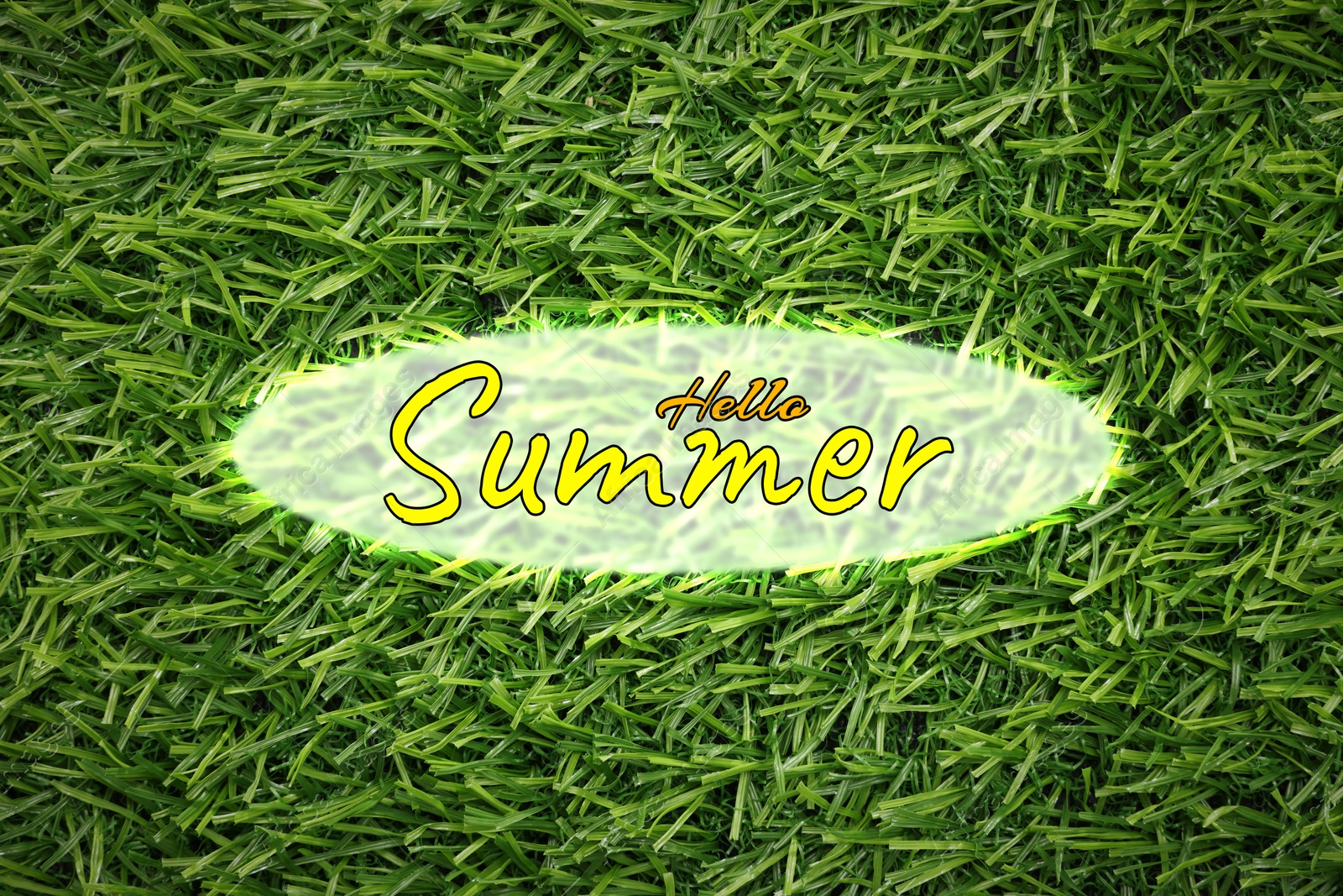 Image of Hello Summer text and vibrant green grass on background, top view