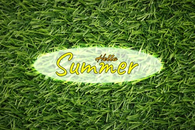 Hello Summer text and vibrant green grass on background, top view