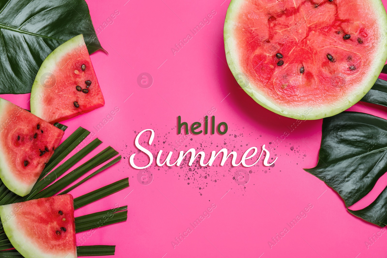 Image of Hello Summer text, watermelon and tropical leaves on pink background, top view