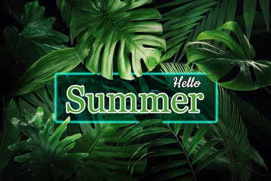 Hello Summer neon sign and lush tropical leaves