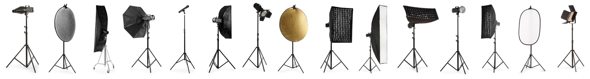 Set of different professional photo studio equipment isolated on white