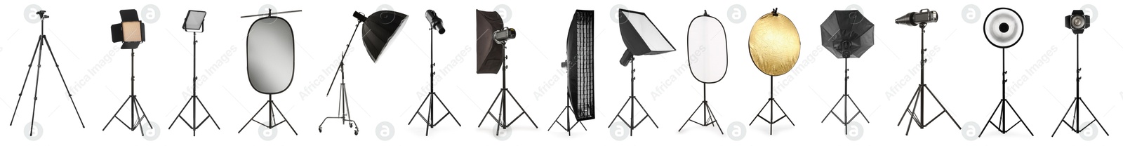 Image of Set of different professional photo studio equipment isolated on white