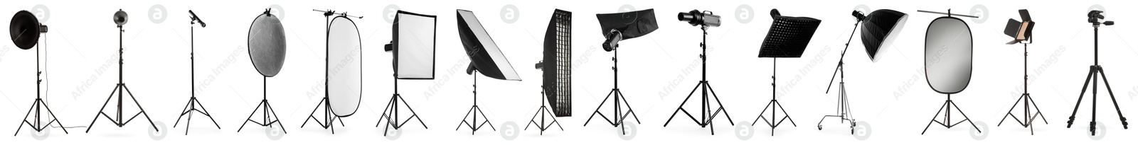 Image of Set of different professional photo studio equipment isolated on white