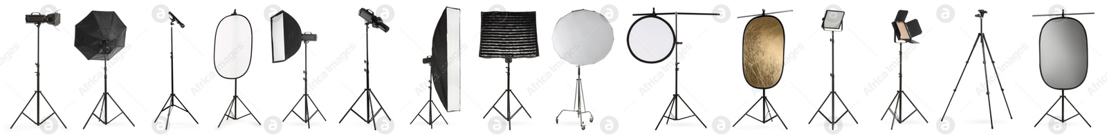 Image of Set of different professional photo studio equipment isolated on white