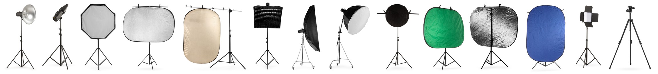 Image of Set of different professional photo studio equipment isolated on white