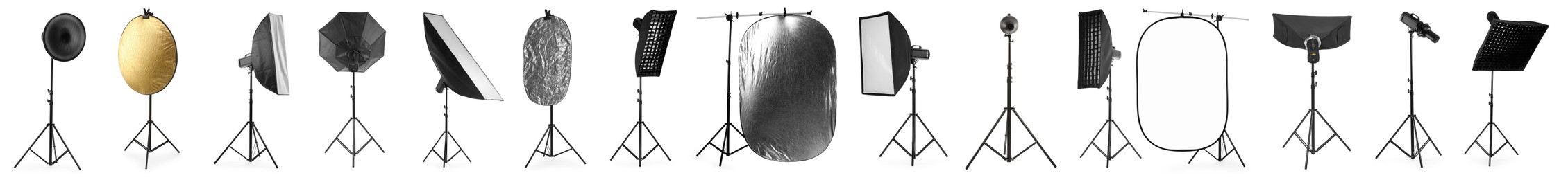 Set of different professional photo studio equipment isolated on white