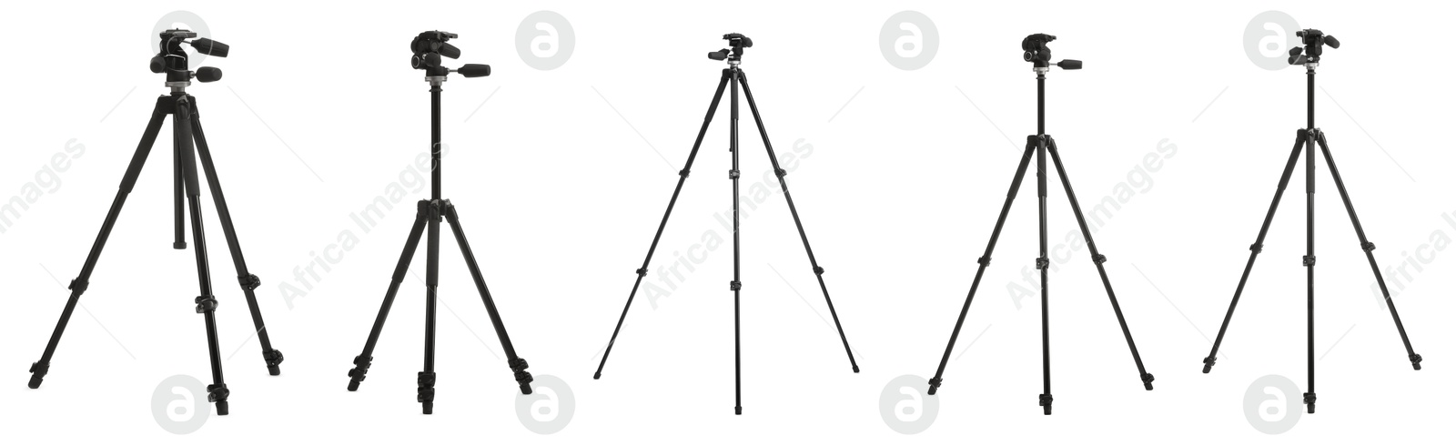 Image of Professional tripods isolated on white, set. Photo studio equipment