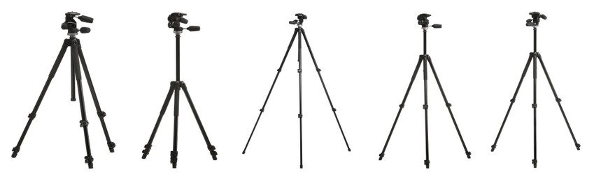 Image of Professional tripods isolated on white, set. Photo studio equipment
