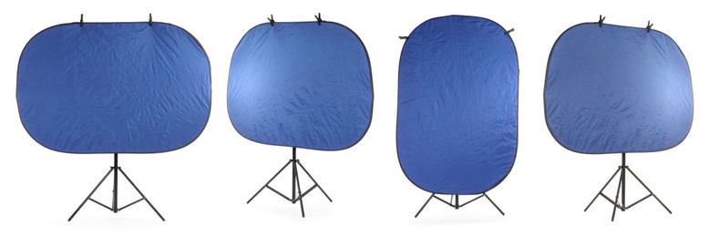 Professional reflectors isolated on white, set. Photo studio equipment