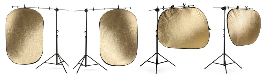 Image of Professional reflectors isolated on white, set. Photo studio equipment