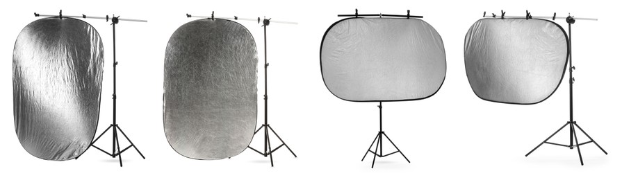 Professional reflectors isolated on white, set. Photo studio equipment