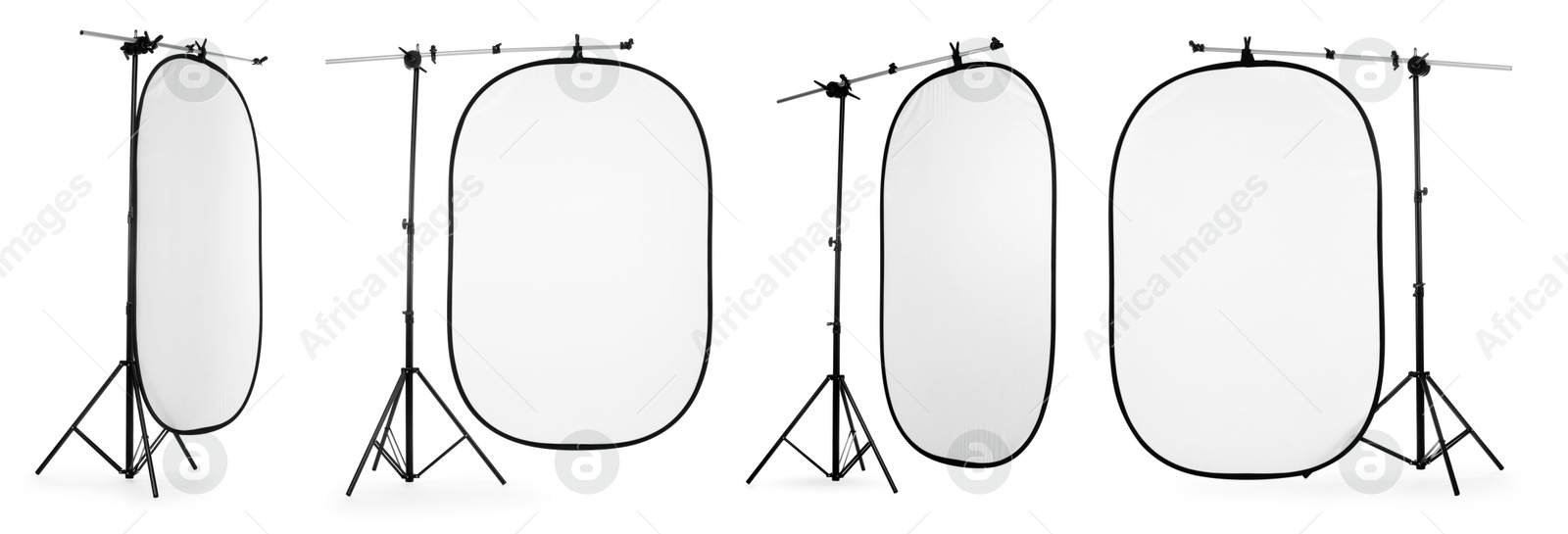 Image of Professional reflectors isolated on white, set. Photo studio equipment