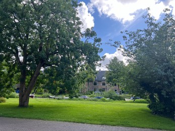 Photo of Beautiful trees with green leaves and fresh grass outdoors