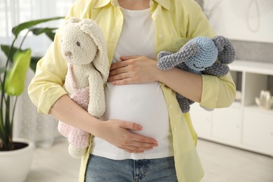 Expecting twins. Pregnant woman holding two toys at home, closeup