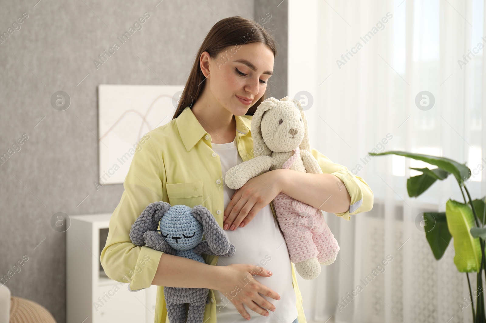 Photo of Expecting twins. Pregnant woman holding two toys at home