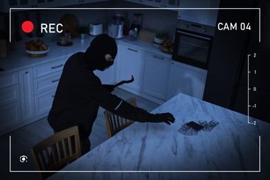 Image of Thief robbing house, view through surveillance camera