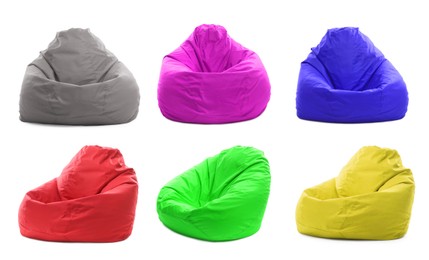 Image of Different bean bag chairs isolated on white, set