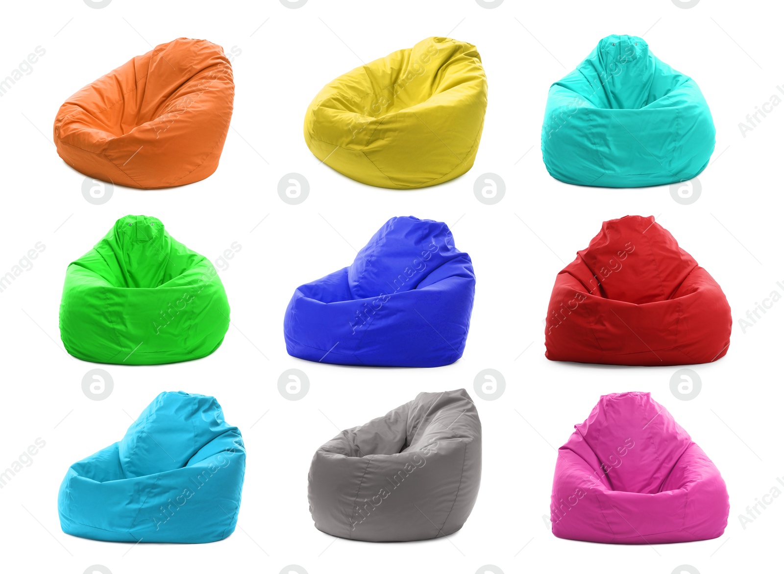 Image of Different bean bag chairs isolated on white, set