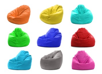 Different bean bag chairs isolated on white, set