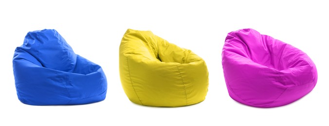 Image of Different bean bag chairs isolated on white, set