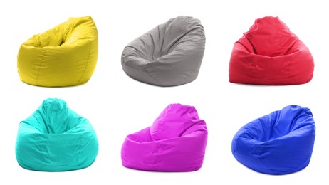 Different bean bag chairs isolated on white, set