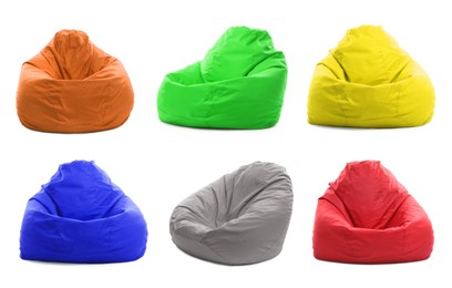 Different bean bag chairs isolated on white, set