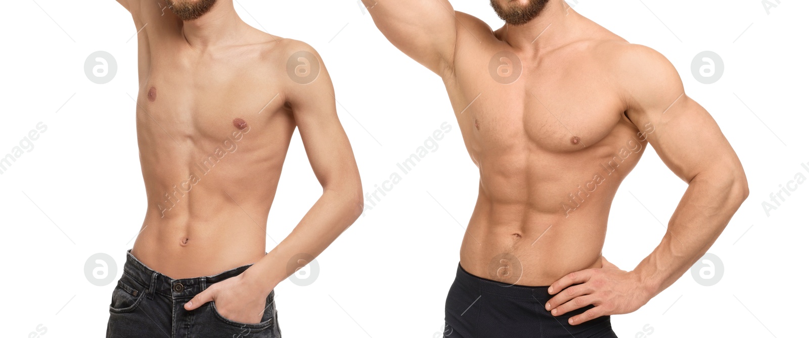 Image of Collage with photos of man before and after gaining muscle mass on white background, closeup