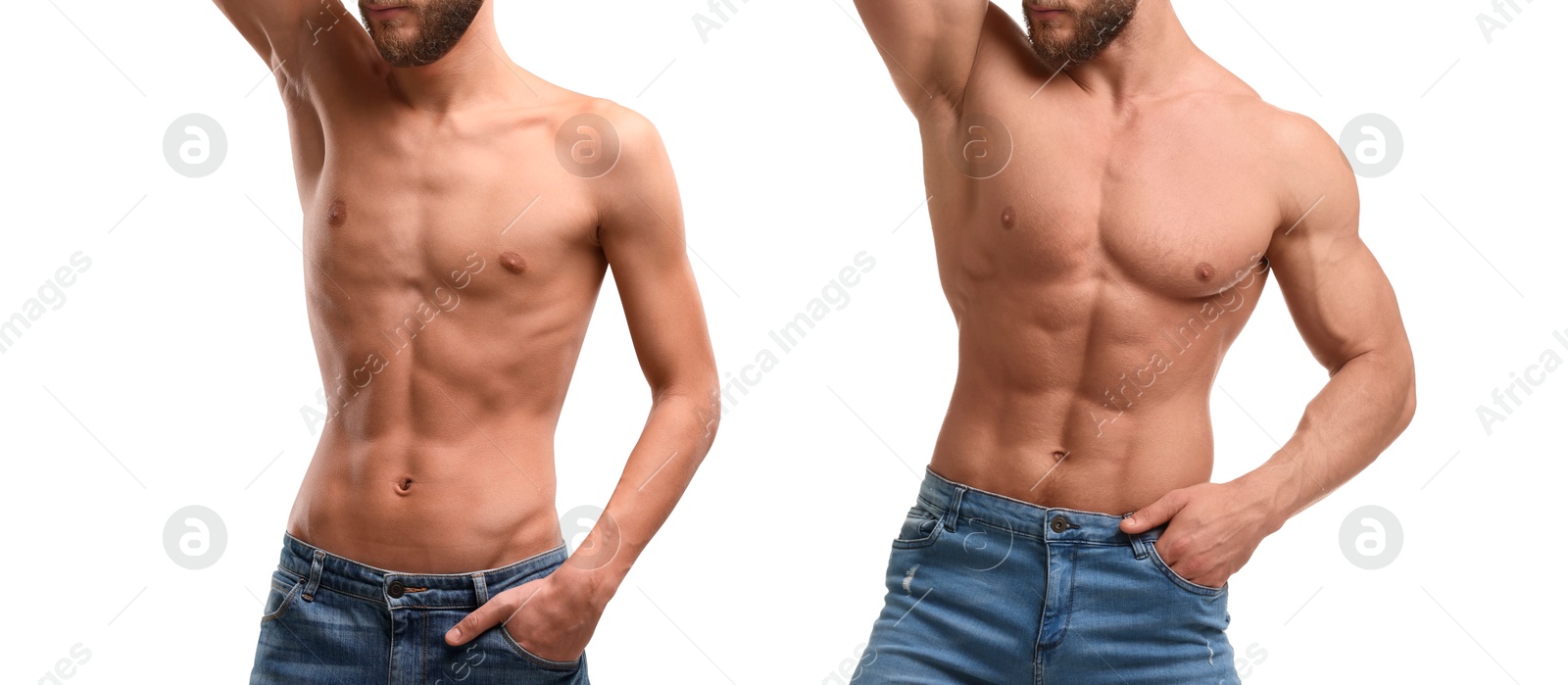 Image of Collage with photos of man before and after gaining muscle mass on white background, closeup