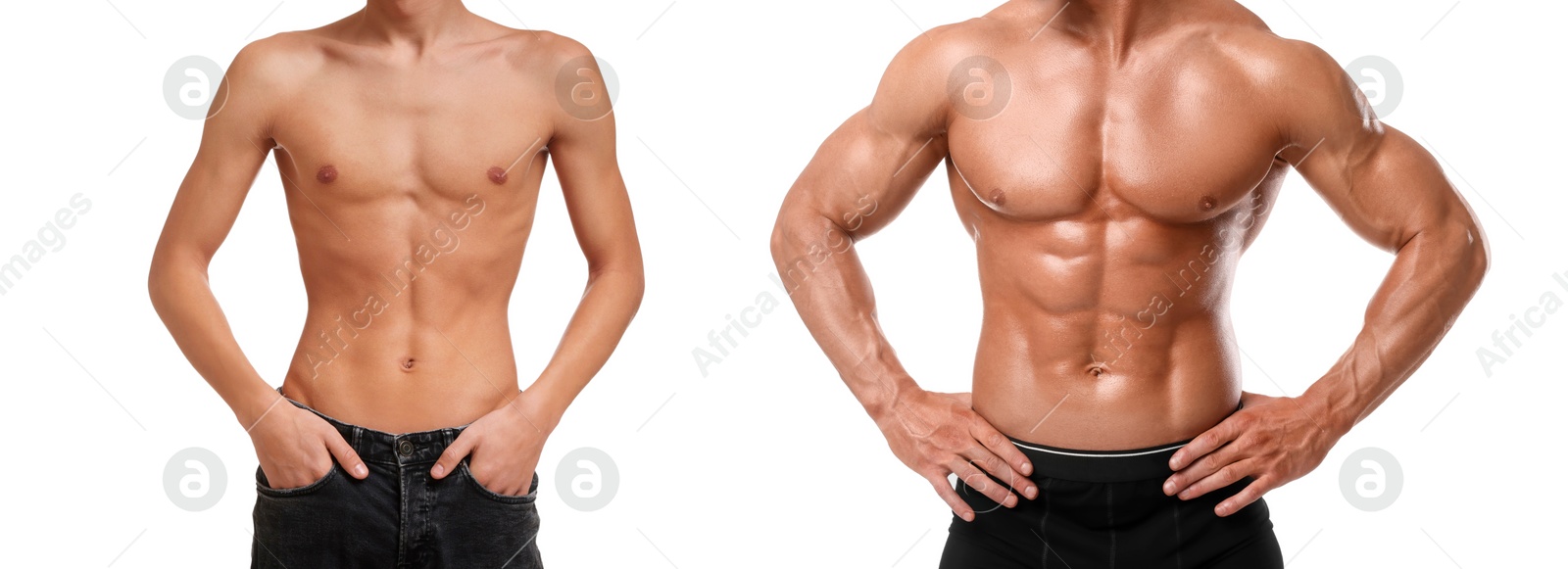 Image of Collage with photos of man before and after gaining muscle mass on white background, closeup