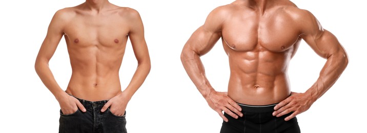 Collage with photos of man before and after gaining muscle mass on white background, closeup