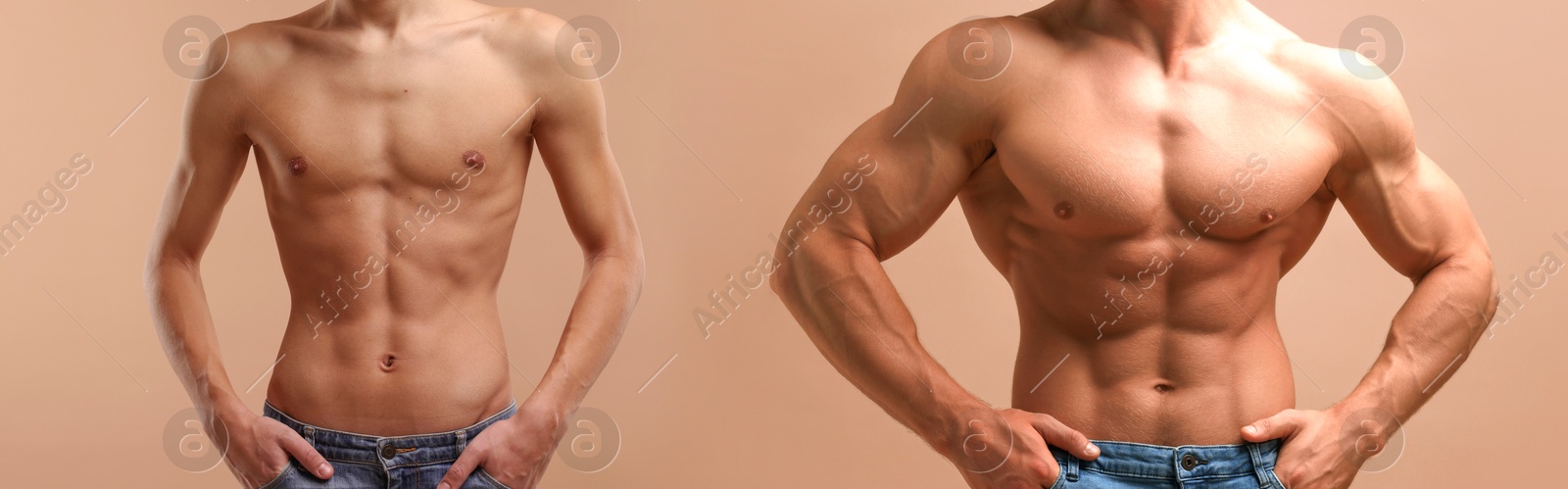 Image of Collage with photos of man before and after gaining muscle mass on beige background, closeup