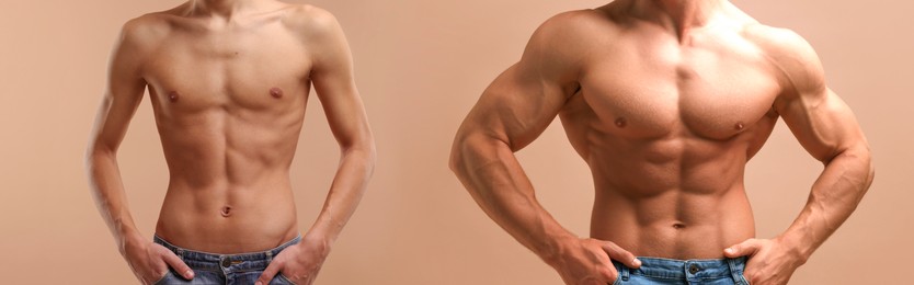 Image of Collage with photos of man before and after gaining muscle mass on beige background, closeup
