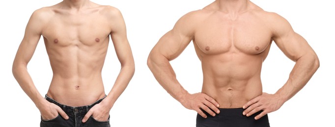 Image of Collage with photos of man before and after gaining muscle mass on white background, closeup