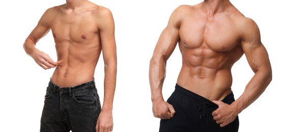 Image of Collage with photos of man before and after gaining muscle mass on white background, closeup